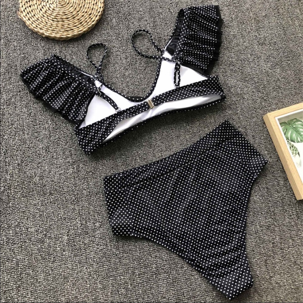 NEW HIGH WAISTED BLACK 2 PIECE RUFFLE BIKINI - Picture 7 of 8